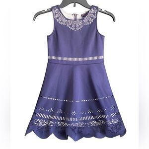 Hannah Banana Navy Laser Cut Overlay Girls Dress. Size 8.
